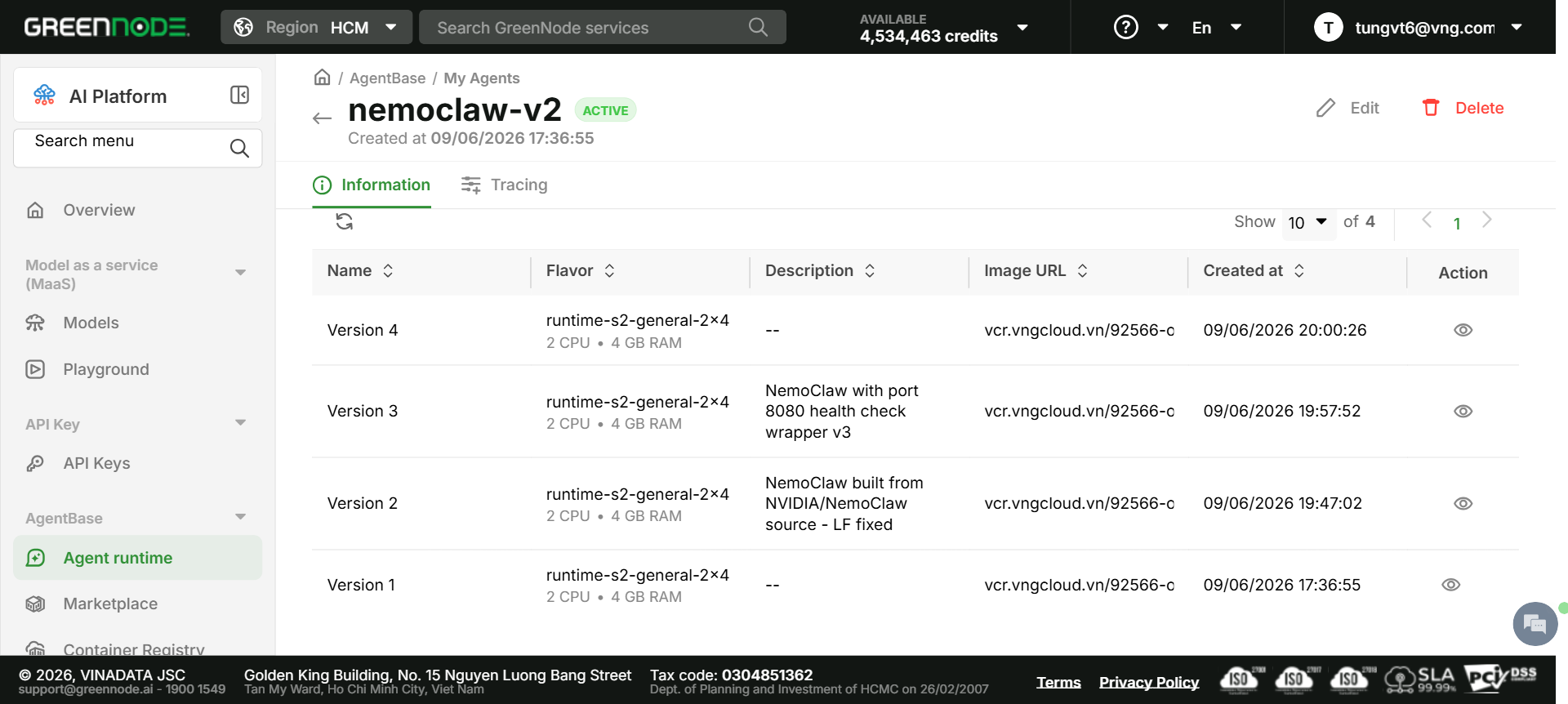 Version tab showing the complete deployment history with descriptions