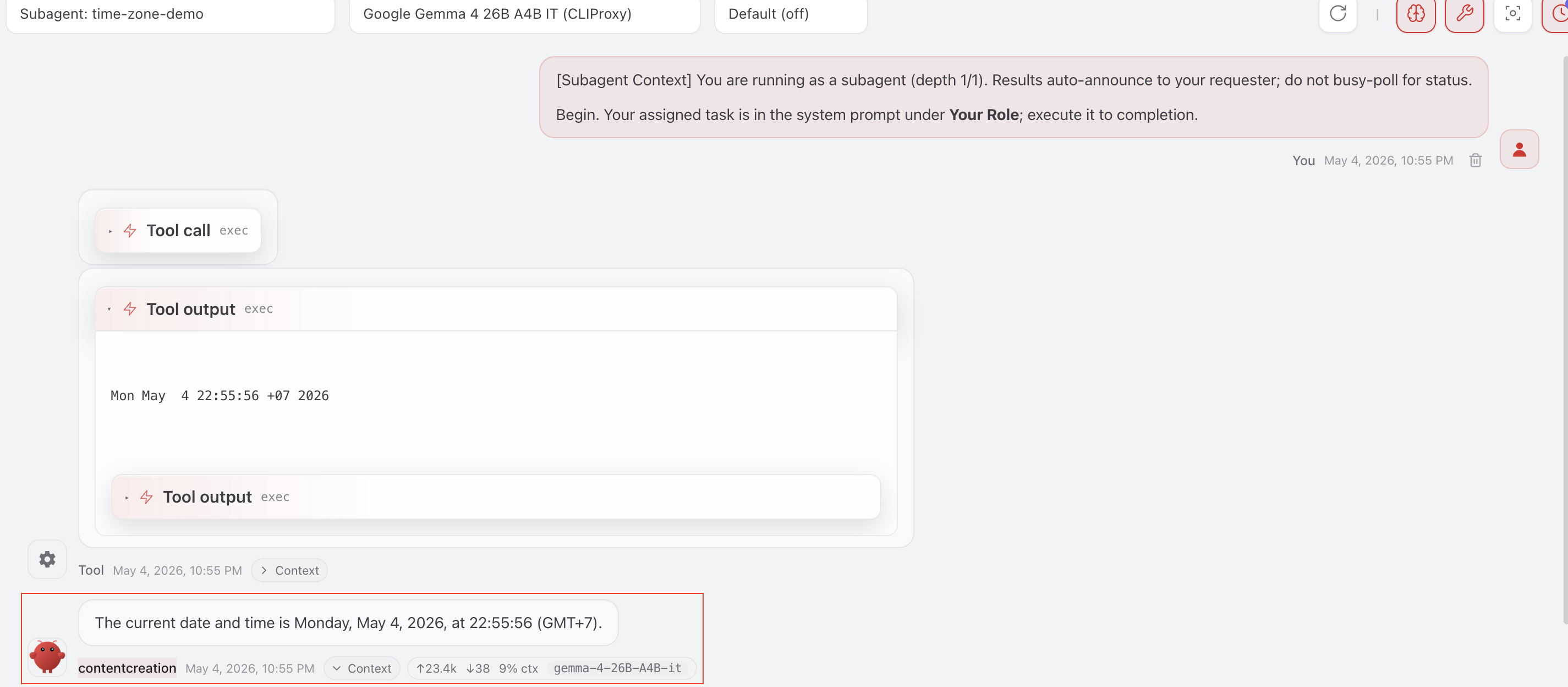sessions_send delivers the timezone instruction to the target session using the childSessionKey.