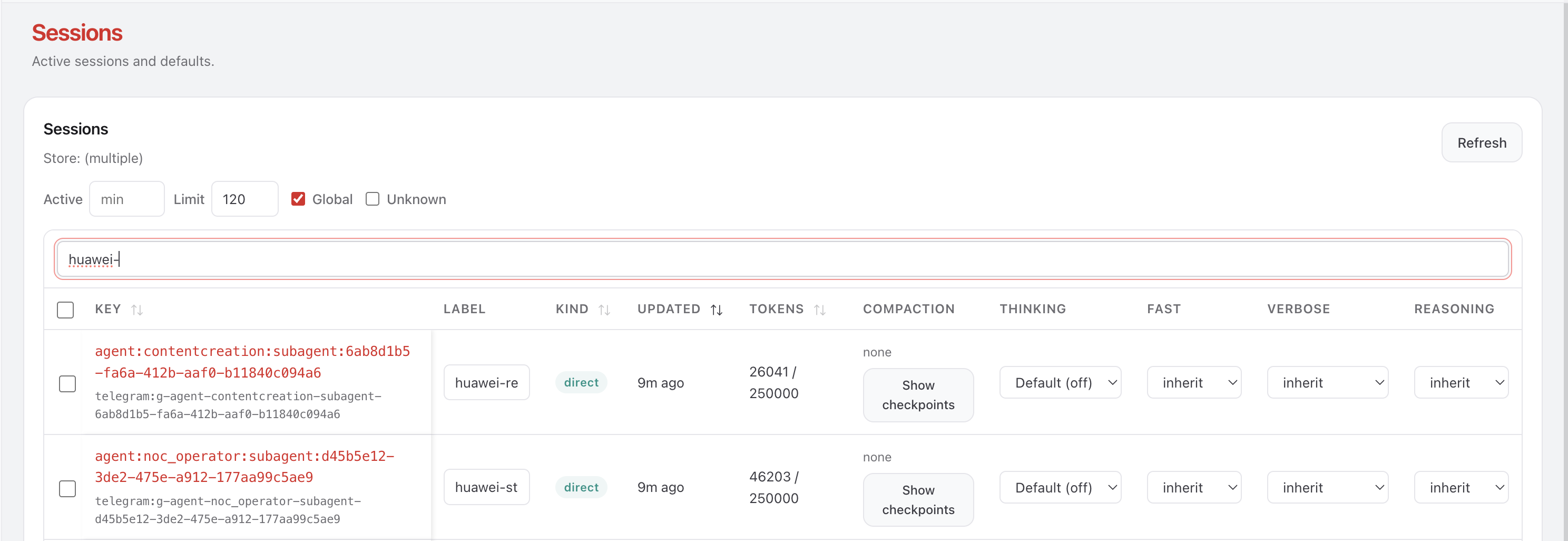 Human-readable session label “huawei-status-collector” visible in the Sessions UI after sessions_spawn.