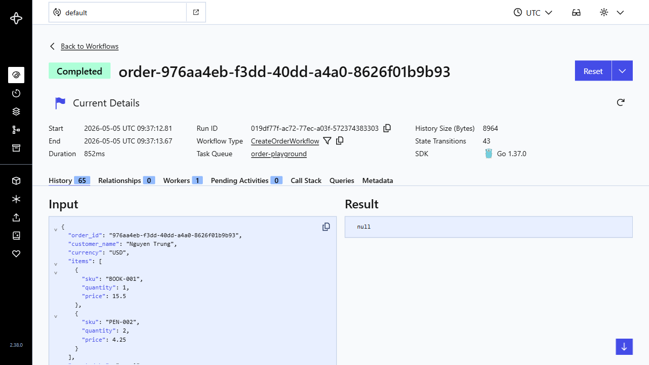 Temporal UI: workflow order đã COMPLETED.