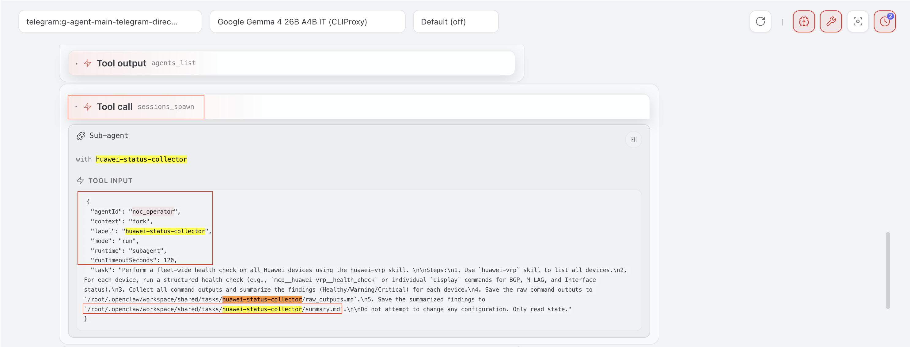 sessions_spawn includes context being sent to noc_operator.