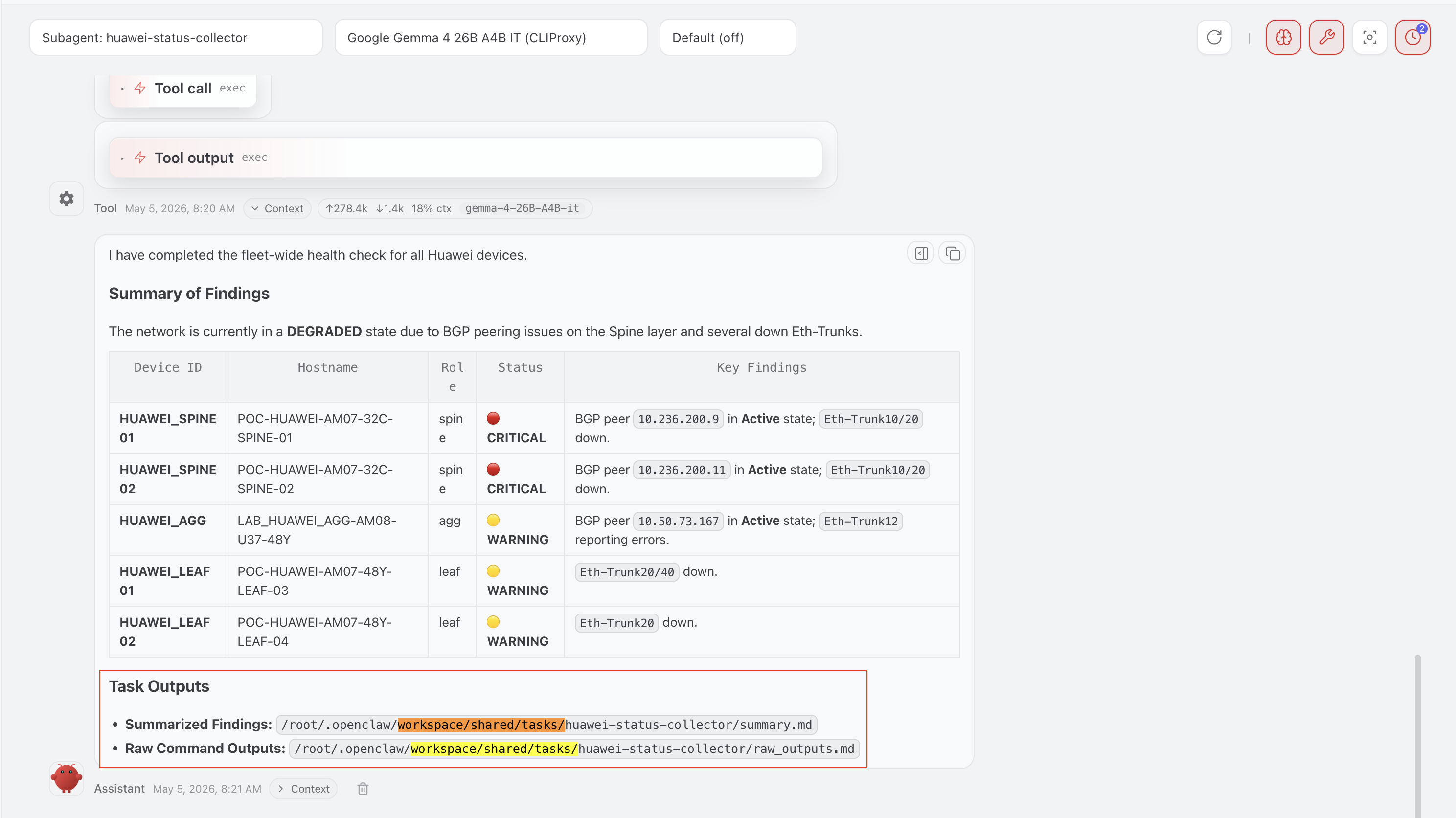 Subagent writes output to files inside the configured shared folder as instruction.