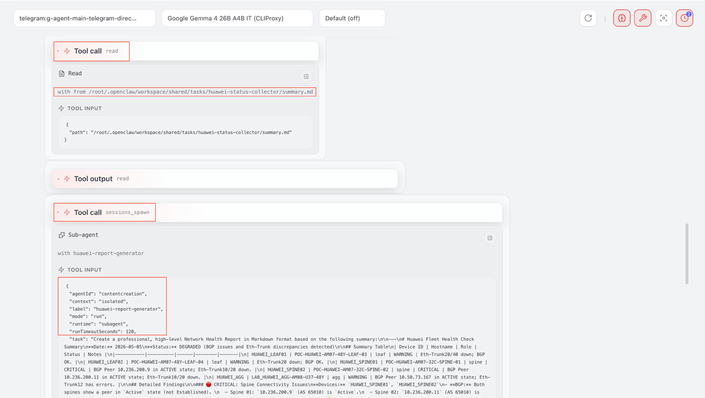 Main reads output from the shared folder, then calls sessions_spawn for the contentcreation agent to do next-step.