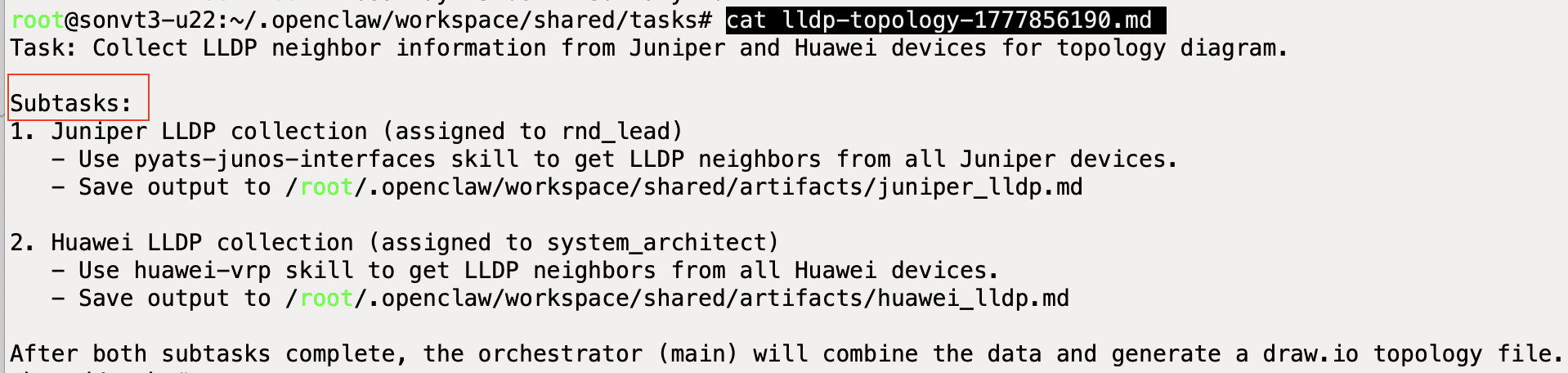 Shared workspace: task record with per-agent subtask assignments.
