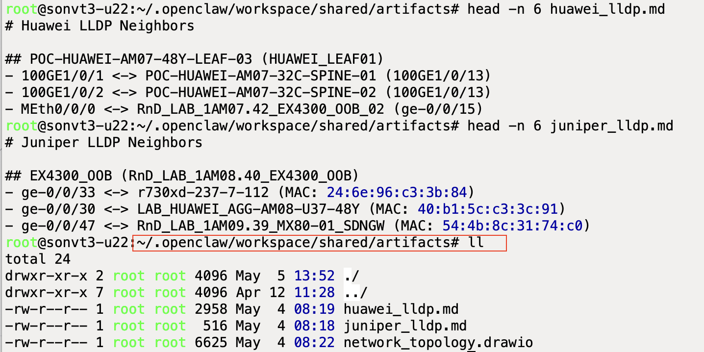 Shared workspace: artifacts produced by specialist agents (juniper_lldp.md, huawei_lldp.md, topology diagram).