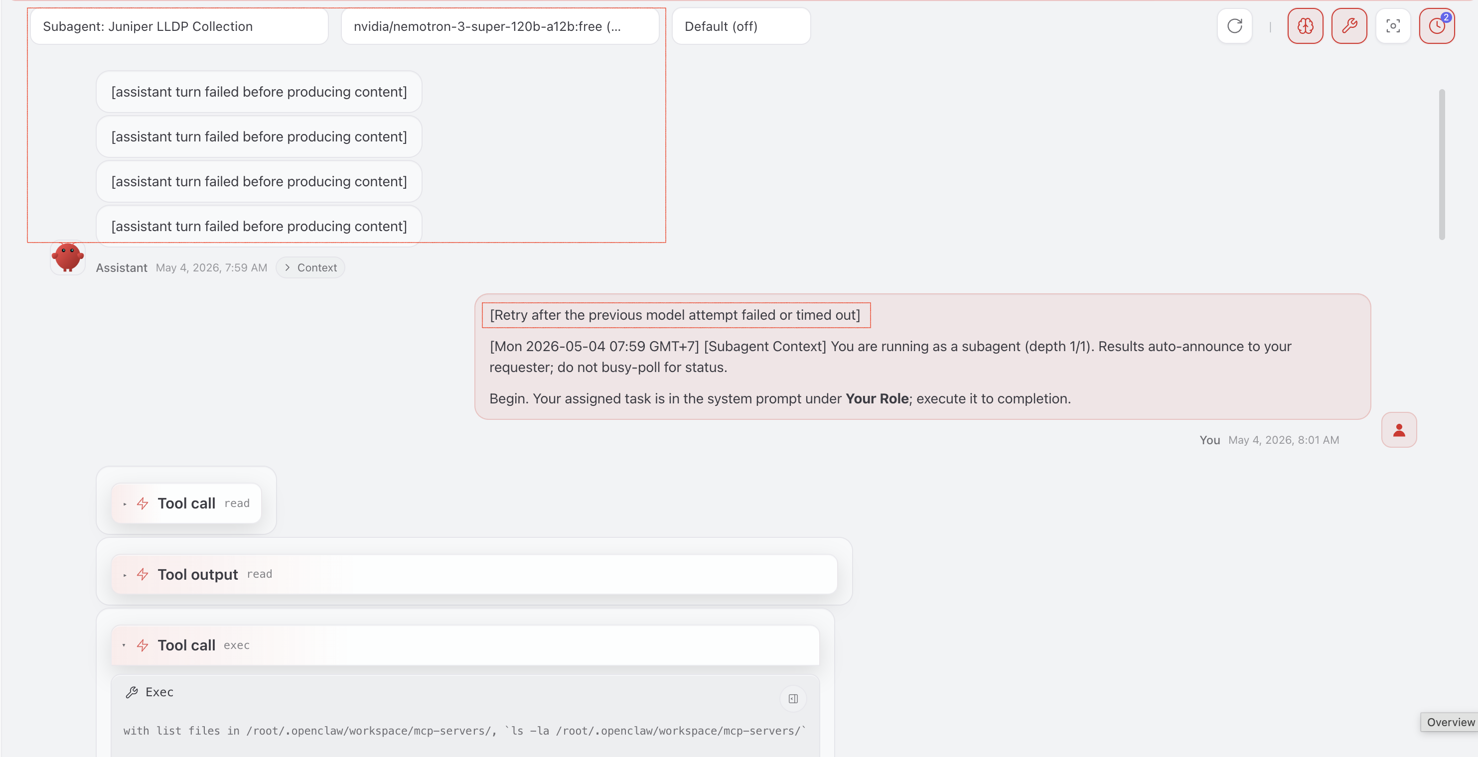 Four failures doing sessions_spawn in LLDP pipeline.