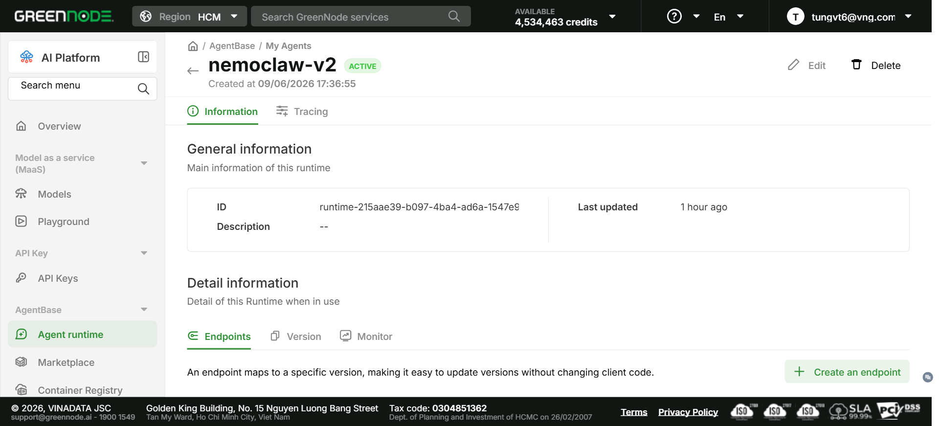 nemoclaw-v2 runtime showing ACTIVE status on GreenNode AgentBase